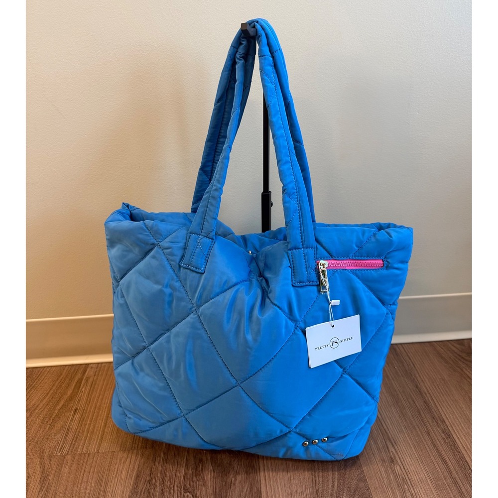 Pretty Simple Blue Quilted Puffer Tote Bag Pink Zipper Accent NWT